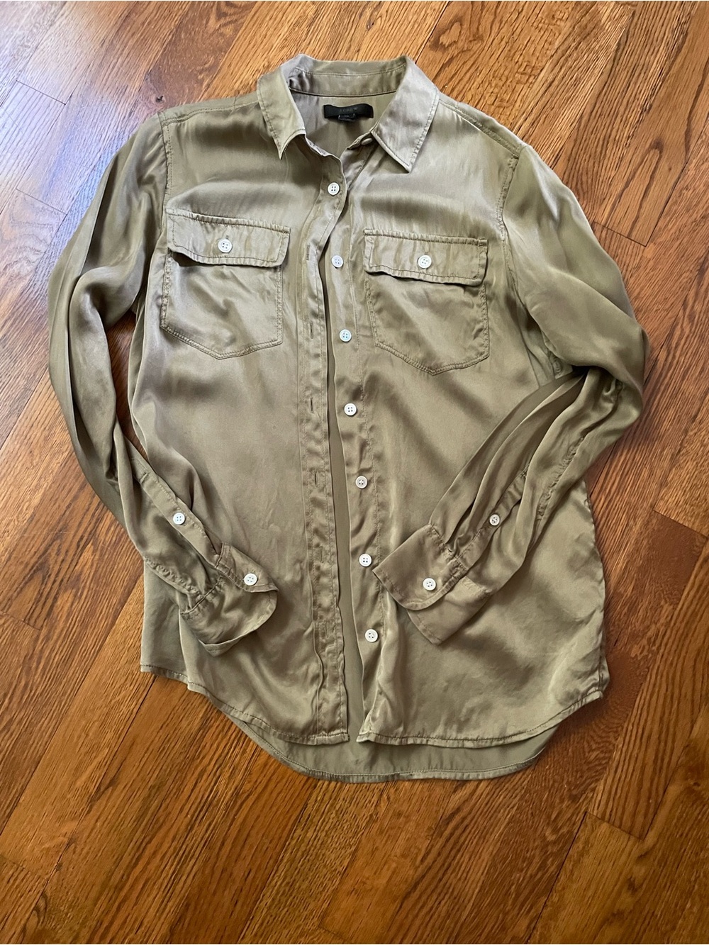Women’s J.Crew, Silk Khaki Green Button-Up Shirt